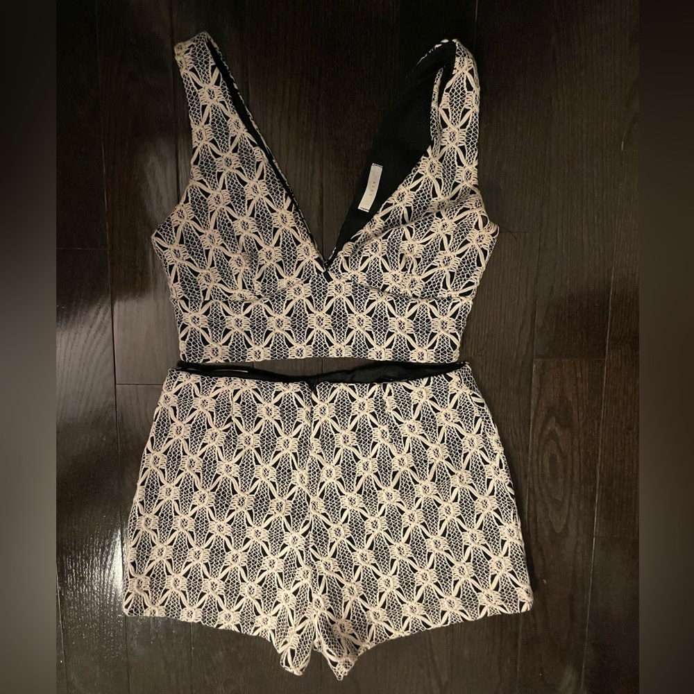 Textured twill patterned beige and black crop top and shorts coord set